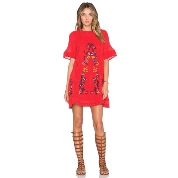Free People 100% Cotton Perfectly Victorian Boho Embroidered Dress In Tomato S - Picture 3 of 14